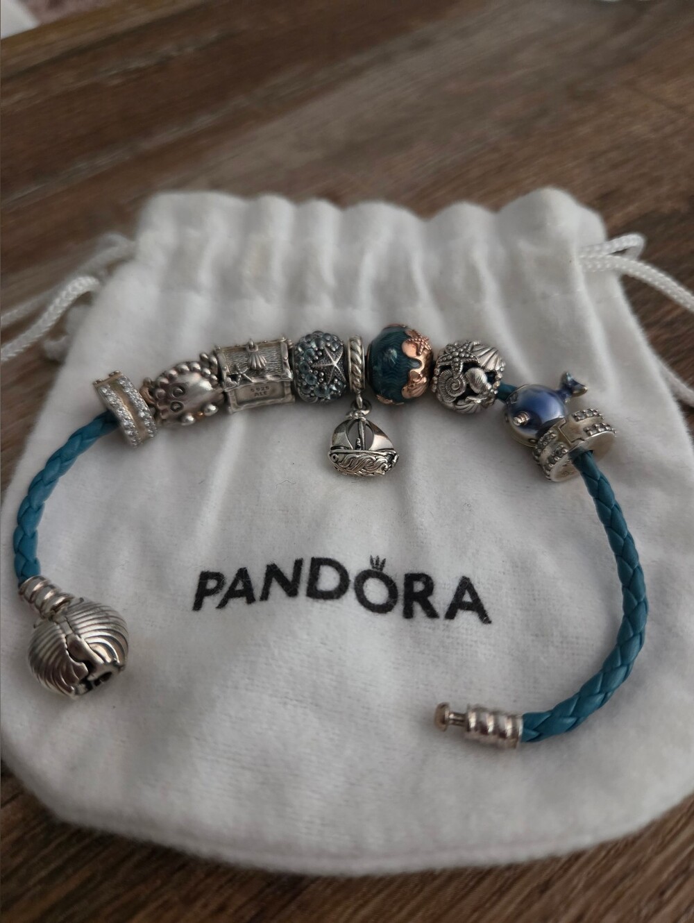 Pandora Teal Braided Leather Charm Bracelet
